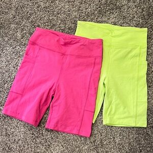 J Crew Biker Shorts, Size Small, 7” inseam, side pockets! Pink and neon green.